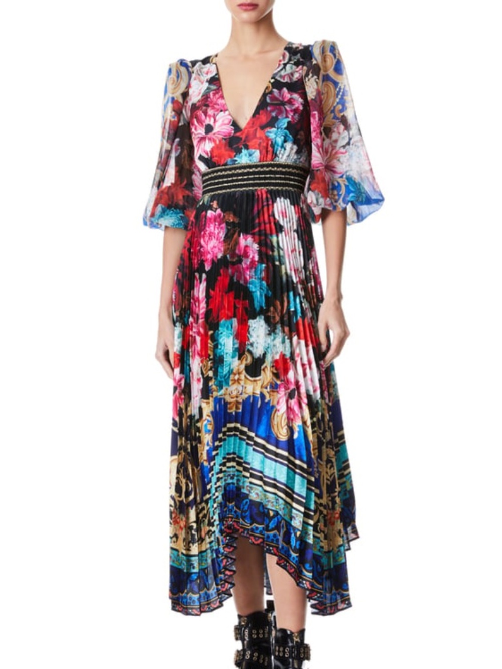 Alice + Olivia Ethel Long Sleeve Pleated Midi Dress Perfect Day Floral Print - 2